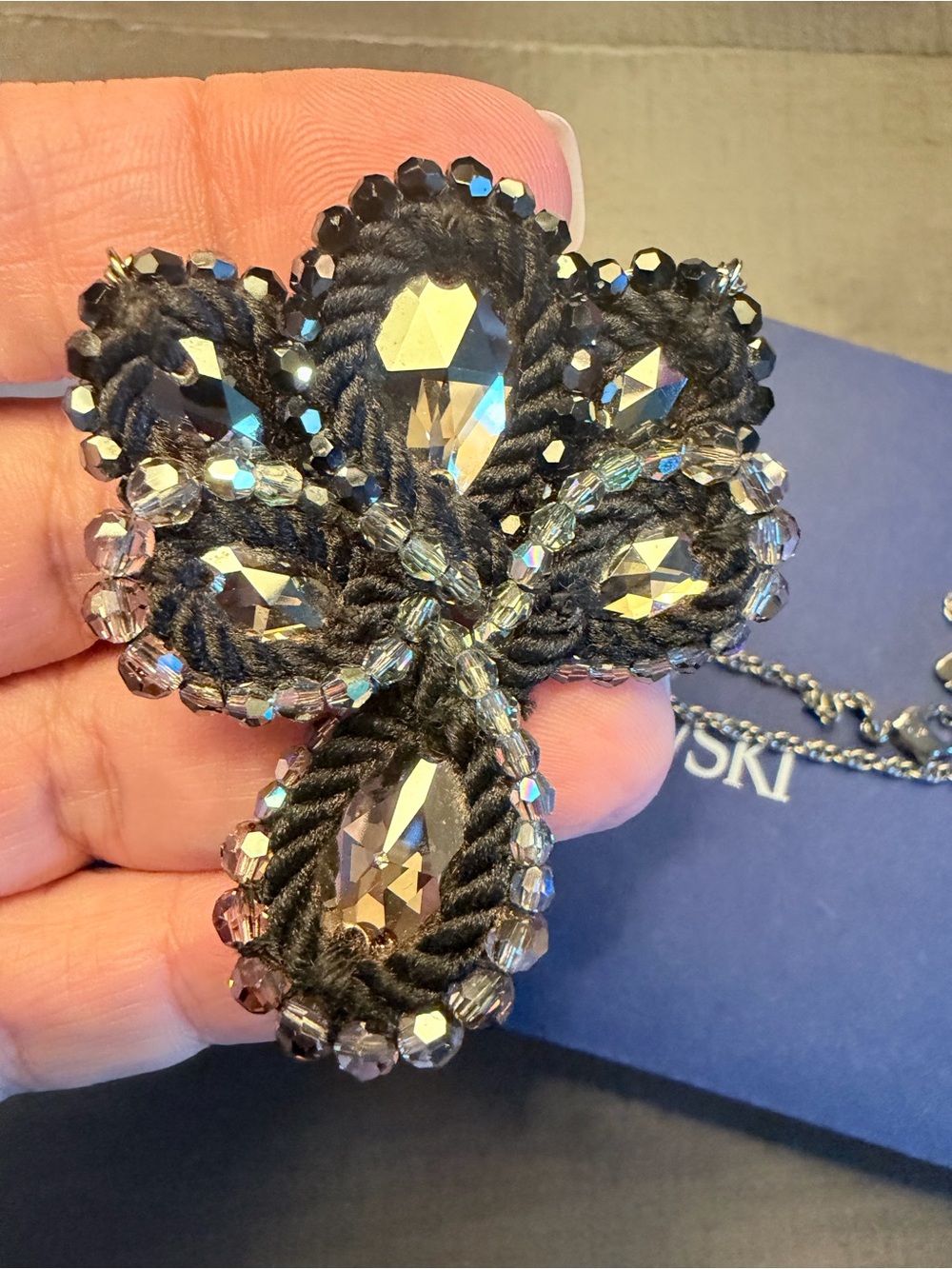 Swarovski Black Crystal Floral Rope Pendant Necklace